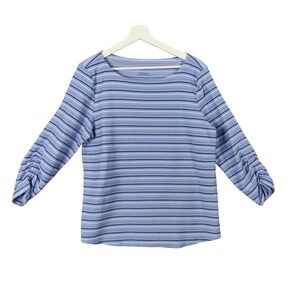 Talbots Womens Large Embroidered Striped Ruched Long Sleeve Top Blue Purple